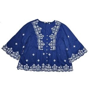 Soft Surroundings Blue Embroidered Bell Sleeve Peasant Top Womens 1X